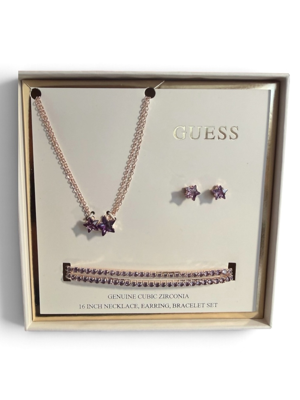 NWT Guess 16” Necklace with purple stone rose gold plated.